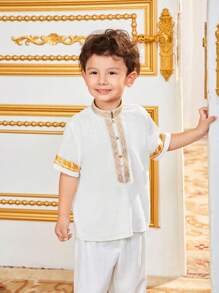SHEIN Camisa casual de cuello alto con parches tejidos para niños, conjunto de atuendo para hermanos - Blanco - Ver 6
