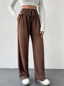 EURMUSE Women's Casual Harem Pants With Elastic Waistband, Drawstring And Wide Leg Design - Brown - View 3