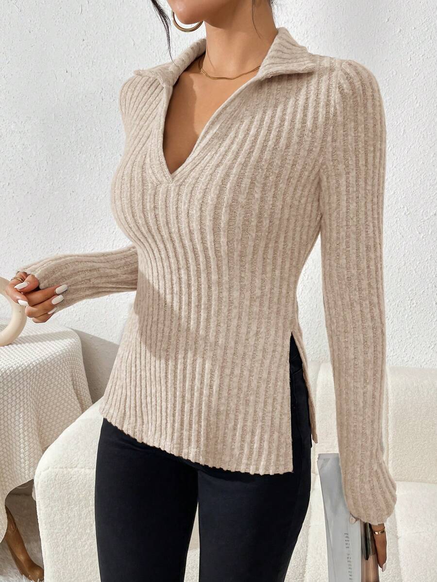 SHEIN Essnce 女士實色條紋分割式下擺長袖t卹 - 杏色 - 查看 1