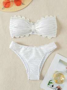 SHEIN Swim Women's Textured Bandeau Bikini Set With Scalloped Edges - White - View 1