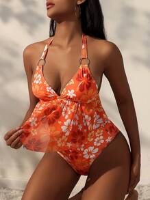 SHEIN Swim Women's Summer Beach Floral Print Halter V-Neck Halter Tankini Set Bathing Suit - Multicolor - View 4