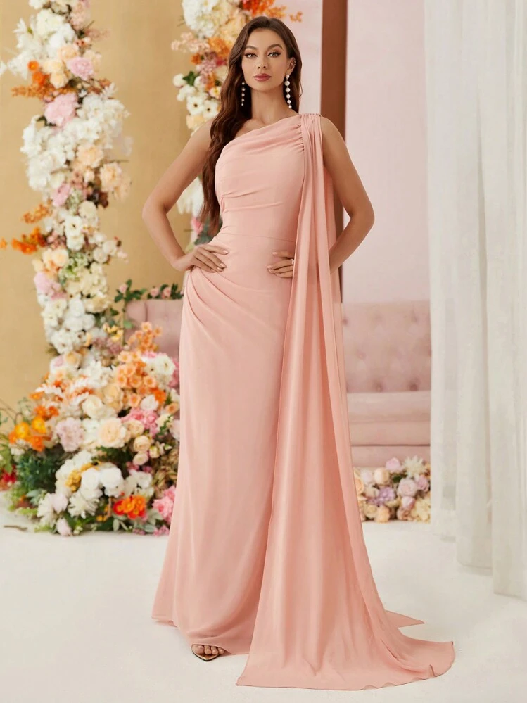 Aureia Vestido de dama de honor para mujer, elegante y romántico, con cuello asimétrico, detalles de frunce, silueta de cola de pez, en color rosa camarón, tono apagado que resalta el significado de felicidad de la novia en la boda. Vestido formal para eventos de gala, graduación, cena y fiesta de boda. - Rosa - Añade 6