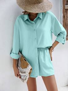 SHEIN Frenchy Camisa de lino de hombro caído y pantalón corto de lino - Conjunto de tela de lino, ropa de vuelta al colegio para otoño, ropa de mujer estilo "Viejo dinero", atuendos de maestra, ropa de negocios para mujer, camisas de maestra - verde menta - Ver 6