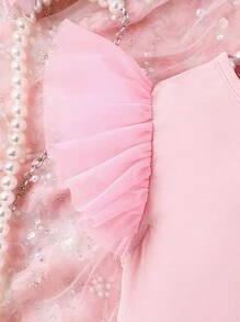 SHEIN Glamorique Kids Vestido De Malla Sin Mangas De Estilo Juvenil De Estilo Corto Con Detalle De Lazo Para Primavera Y Otoño