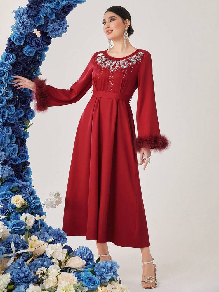 Women's Rhinestone Inlaid Plush Sleeve Cuffs Patchwork Dress, Elegant Evening Party Dress Long Evening Dresses