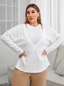 SHEIN Essnce Women'S Plus Size Rib-Knit Solid Color 2pcs/Set - White - View 3