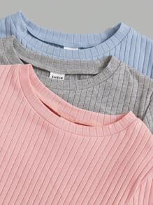 SHEIN 3pcs/Set Tween Girl Round Neck Casual Short Sleeve T-Shirt With Ruffled Hem - Dusty Pink - View 4