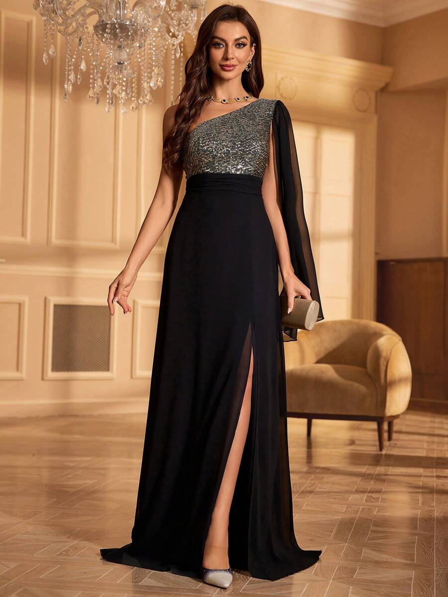 Đầm dự tiệc tay loe cổ bẻ đính sequin cho nữ Đầm dự tiệc cưới Đầm trang trọng Đầm dạ hội, Váy - màu đen - Xem 1
