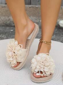 Women Fashion Flat Sandals Beige Flowers Slip On Slides Fashion Sandals For Women Casual Summer Beach Shoes - Beige - View 2