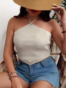SHEIN Clasi 大尺碼肋紋針織領背心短上衣 - 米色 - 查看 6