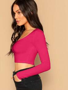 SHEIN Essnce Women's Cropped Long Sleeve T-Shirt - Hot Pink - View 3