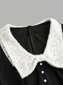 Vintamour 女士拼色翻领泡泡袖连衣裙演唱会夏季女士带袖连衣裙复古衣服黑色春季连衣裙 - 黑與白 - 查看 10