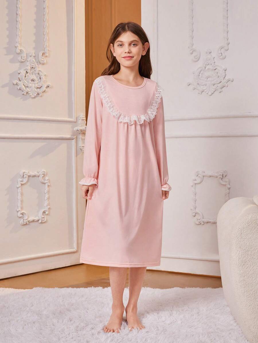 Tween Girl Simple Pink Cute Long Sleeve Long Lace-Bordered Sleep Dress With One Piece Home Wear