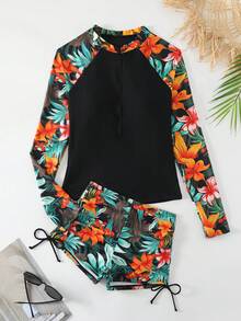 Swim SPRTY Conjunto De Traje De Baño Tankini, Con Estampado Tropical, Camiseta De Manga Larga Con Mangas De Diferentes Colores Y Pantalones Cortos Ajustables Con Cordón En Los Lados - Multicolor - Ver 6