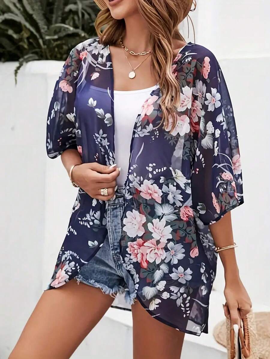 Women's Lightweight Desert Print Wrap Cover Up Sun Protection Top, Suitable For Spring And Summer - Navy Blue - View 1