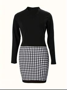 SHEIN Essnce 大碼千鳥格印花拼接裙 - 黑色 - 查看 3