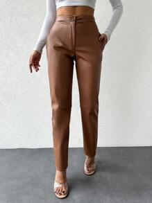EURMUSE High Waisted Straight Leg Pu Leather Pants - Camel - View 4