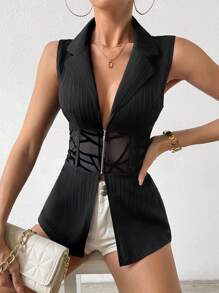 SHEIN Raffinéa Women's Mesh Contrast Front Zip Suit Vest - Black - View 4