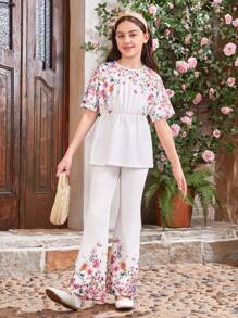 SHEIN Tween Girl Round Neck Back Button Droplets Batwing Short Sleeve Shirt & Flared Pants Set With Fruit Pattern And Matching Mommy And Me Outfits (Two Sets Sold Separately) - White - View 5