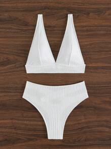 SHEIN Swim Summer Beach Solid Colored Textured Bikini Set - White - View 5