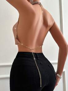 Allurite Top De Camiseta Halter De Cuello Drapeado Con Brillo Y Espalda Abierta - Café integral - Ver 2