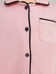 SHEIN Leap Crew Trẻ Cô gái Khối màu Lỏng lẻo phù hợp Áo Với Viền tương phản Và Quần Trang phục mặc nhà Bộ - Màu Hồng baby - Xem 5