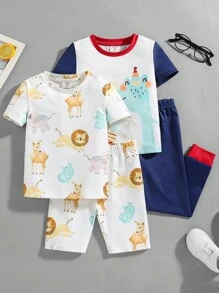 SHEIN 4pcs Young Boys' Cute Cartoon Animal Print Round Neck Short Sleeve Tops And Shorts/Pants Snug Fit Pajama Set, Comfortable, Versatile And Suitable For Spring/Summer