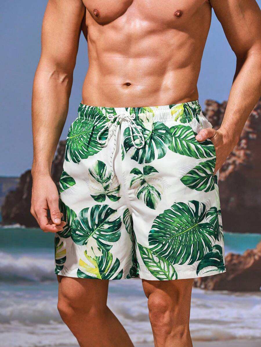 Manfinity Pantalones Cortos De Playa Para Hombres Con Estampado De Tortuga Y Bambú Y Cordón De Ajuste - Multicolor - Ver 1