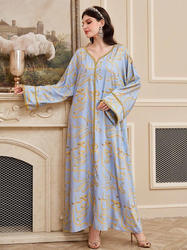 Ladies' V-Neck Full Printed Turkish Long Shirt Jalabiya With Flared Sleeves, Elegant Evening Party Dress
