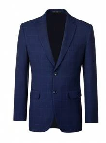 Furuyal 3pcs Men's Plaid Suit Set: Jacket, Vest, And Pants - Navy Blue - View 3
