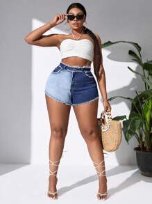 SHEIN SXY 短款彈性大尺寸女款拼布設計牛仔短褲 - 彩色 - 查看 5
