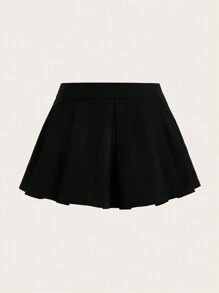 SHEIN ICON Falda Negra Mini De Cintura Dobable, Plisada Con Color De Contraste Y Dobladillo Alto Y Bajo