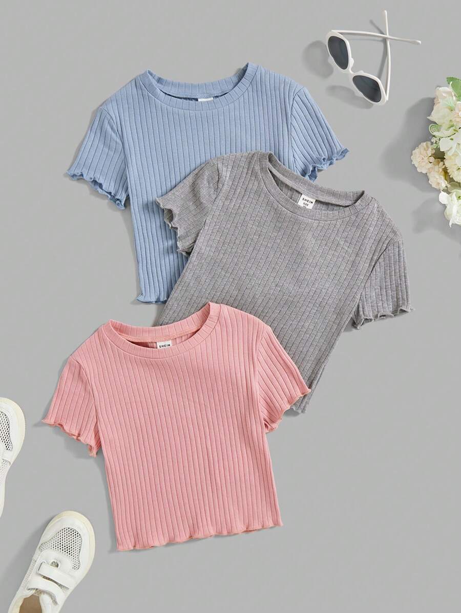 SHEIN 3pcs/Set Tween Girl Round Neck Casual Short Sleeve T-Shirt With Ruffled Hem - Dusty Pink - View 1