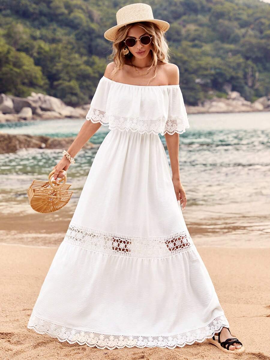 SHEIN TOPS Rafferiza Women's Vacation Solid Color Off Shoulder