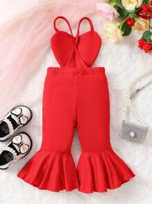 SHEIN Baby Girl Heart Print Spaghetti Strap Flare Jumpsuit, Valentine's Day - Red - View 2