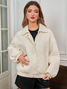 SHEIN Frenchy Women's Quilted Heart Pattern Loose Fit Casual Collared Padded Coat With Filling