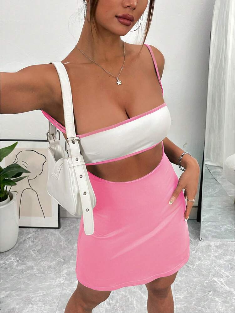 Women's Color Block Waist Hollow Cami Dress