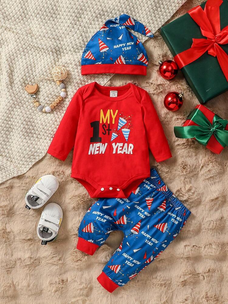 Christmas Carnival Party Baby Boy Outfit, Cute & Funny Santa Claus Print Bodysuit With Snowflake Print Long Pants, Round-Necked, Casual And Fashionable, Autumn And Winter