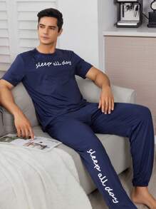 Men's Navy Blue Slogan Pattern Short Sleeve T-Shirt And Long Pants Homewear Set - Navy Blue - View 1