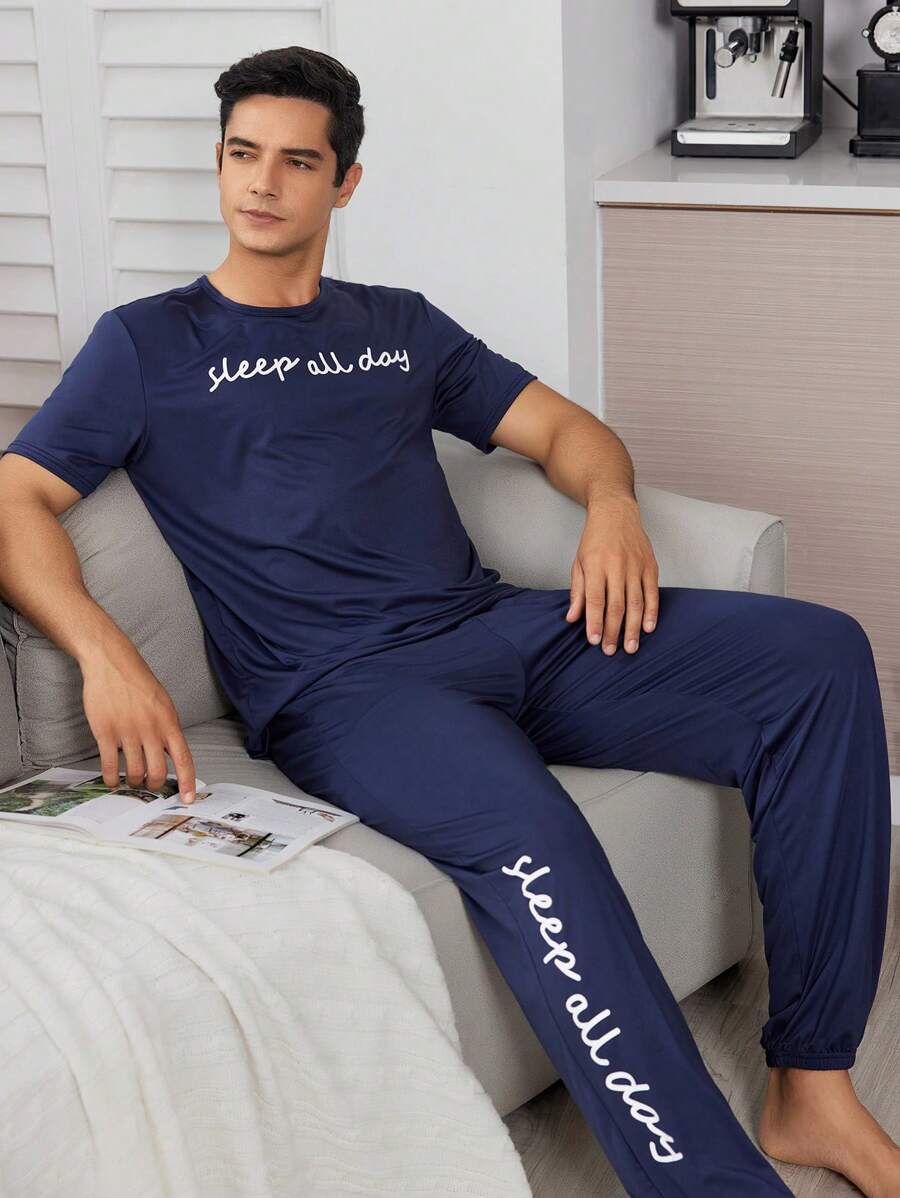 Men's Navy Blue Slogan Pattern Short Sleeve T-Shirt And Long Pants Homewear Set - Navy Blue - View 1