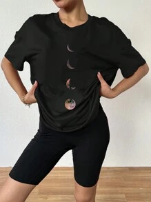 Zolique Loose Fit Oversized Basic Drop Shoulder T-Shirt Graphic Tees Women Tops - Black - View 4