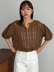 FRIFUL 棕色空心紋路泡泡袖t恤 - 棕色 - 查看 6