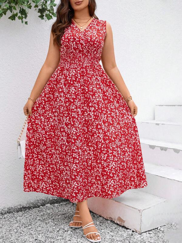 SHEIN Clasi Plus Size Women'S Sleeveless Floral Print Long Summer Dress,Beach Dress Sundress,Holiday Outfits Boho