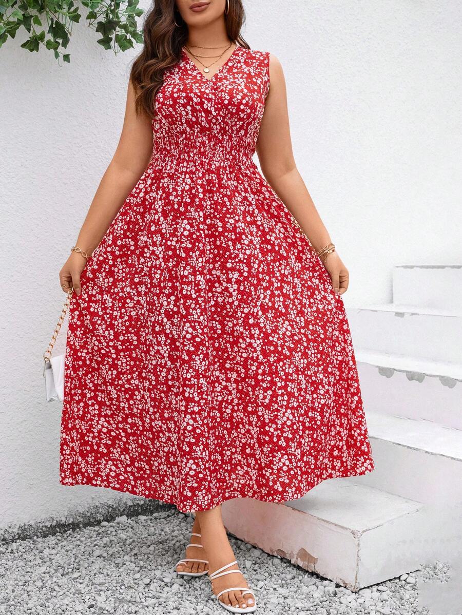 SHEIN Clasi Plus Size Women'S Sleeveless Floral Print Long Summer Dress,Beach Dress Sundress,Holiday Outfits Boho