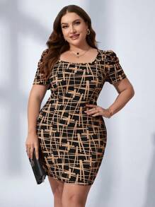 Chikora Vestido corto de manga abullonada con estampado para mujer talla grande, para el verano