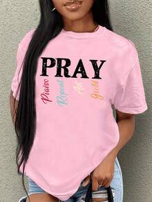 SHEIN EZwear Letter Printed Short Sleeve T-Shirt - Pink - View 3