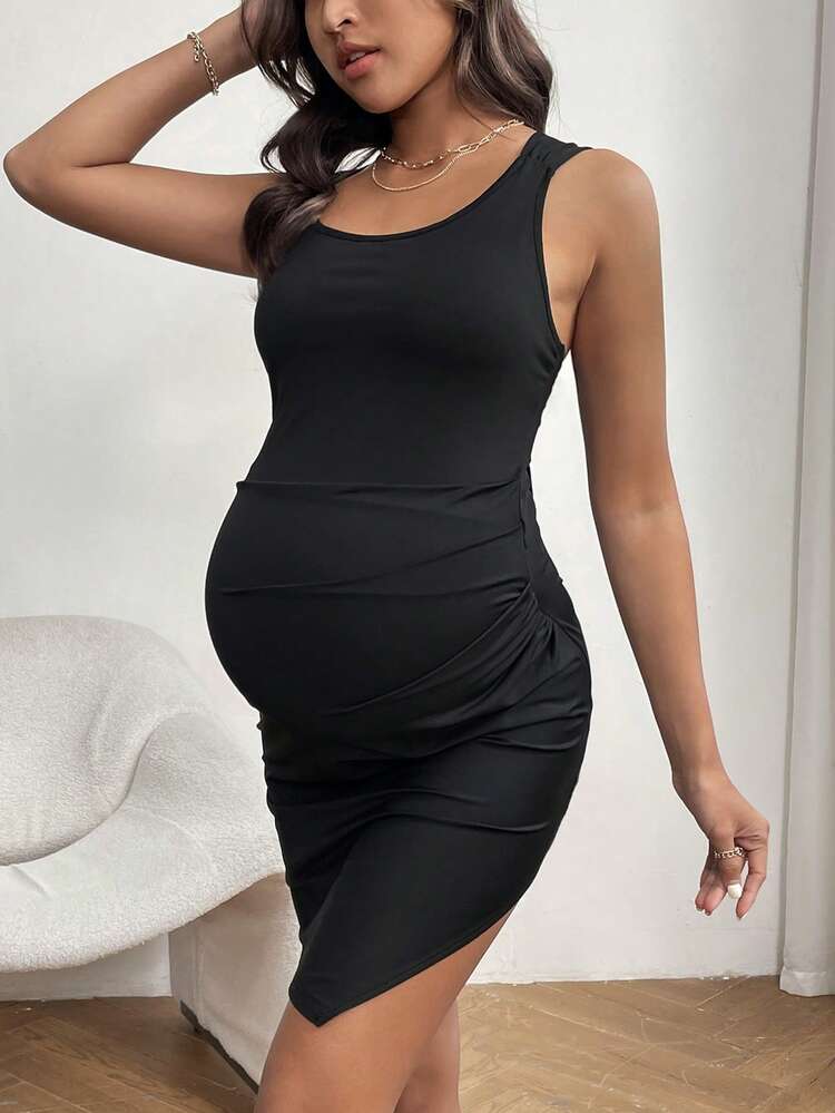 Maternity Plain Color Round Neck Sleeveless Dress With Slit
