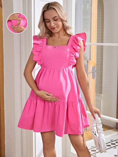 SHEIN Odzież Ciążowa Jednolity kolor Falbankowy brzeg Pielęgnacja Sukienki