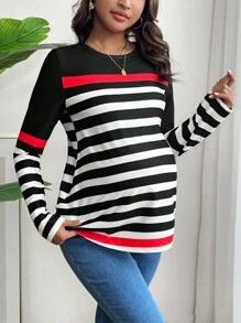 SHEIN Maternity Striped Long Sleeve T-Shirt - Red - View 1