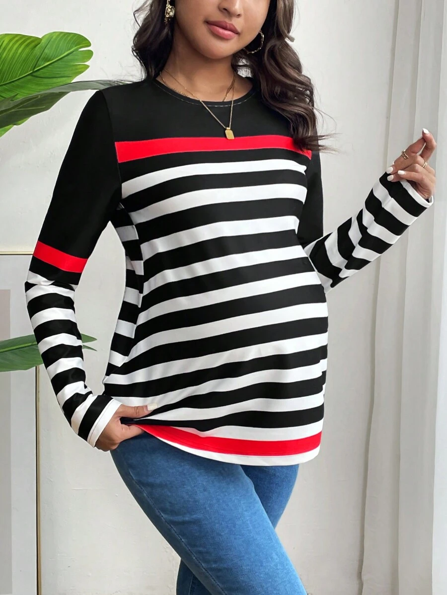 SHEIN Maternity Striped Long Sleeve T-Shirt - Red - View 1